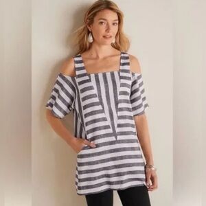 Soft Surroundings Sunset Linen Cold Shoulder Tunic Gray White Stripe Size Medium